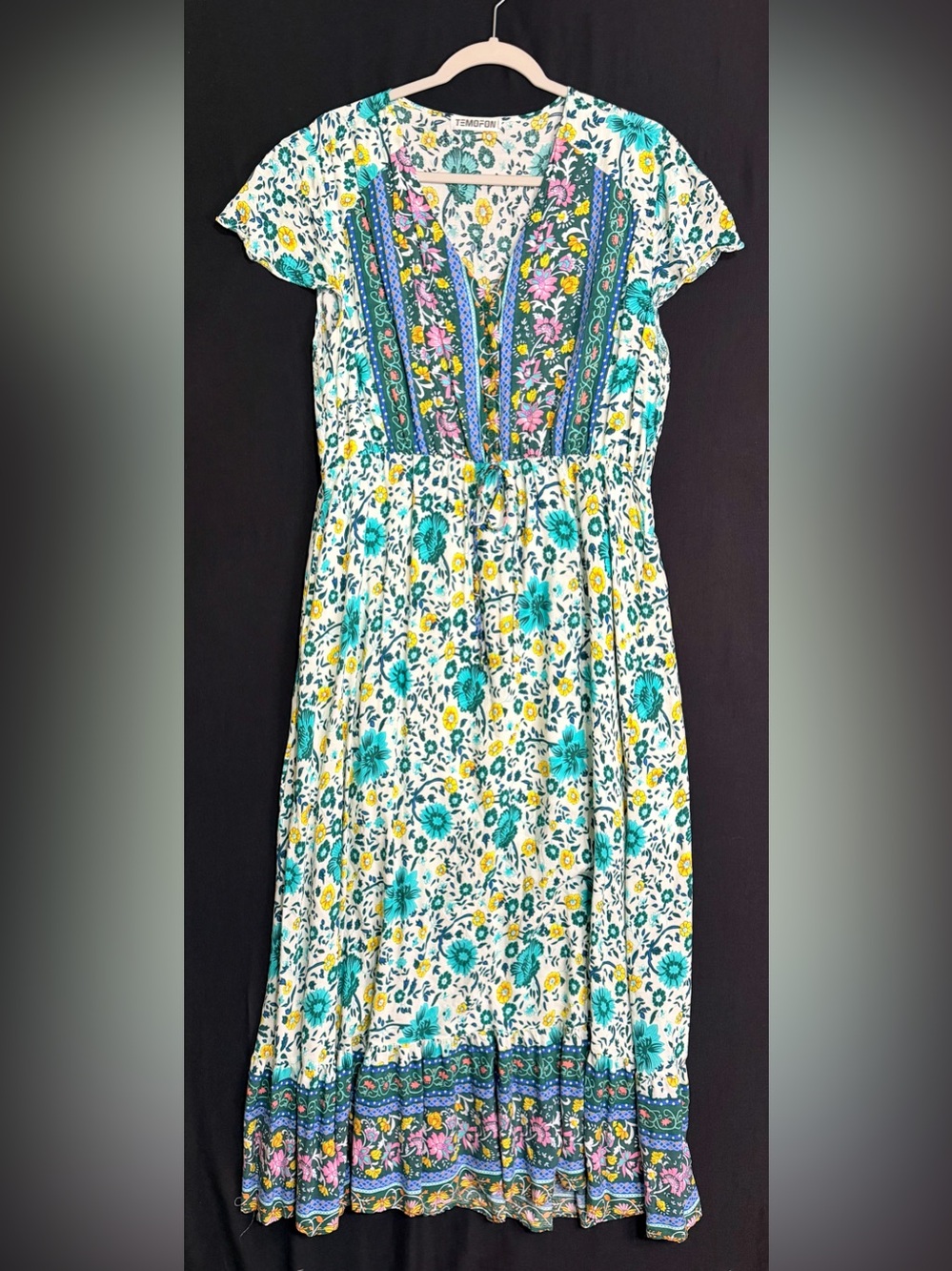 Temofon Women's Floral Maxi Dress - Teal & Yellow boho hippie cap sleeve cottage